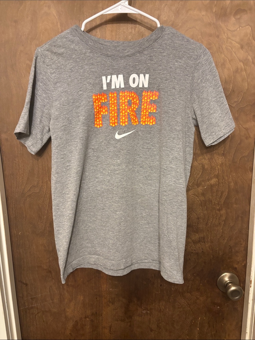 Nike Kids Gray Tee with Orange 'FIRE' Graphic